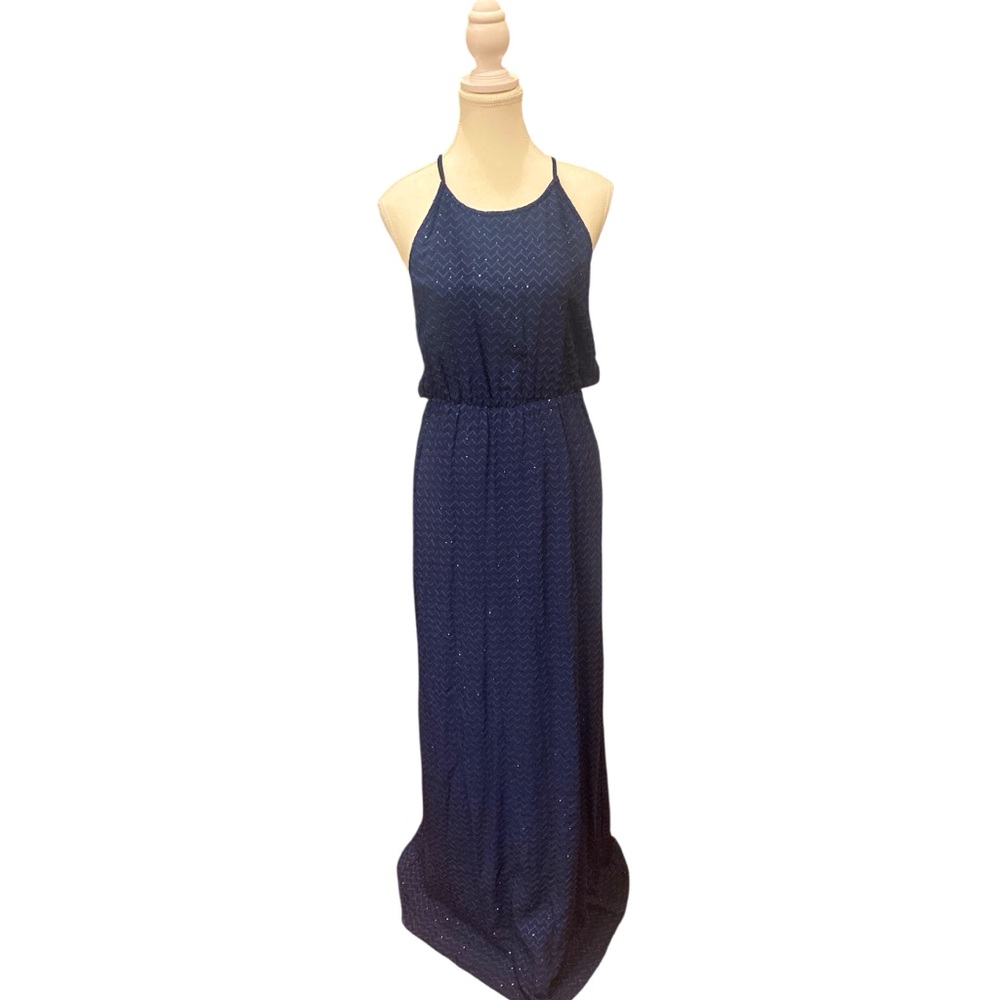 Formal Gala Gown‎ Navy Sequin Backless Halter Maxi